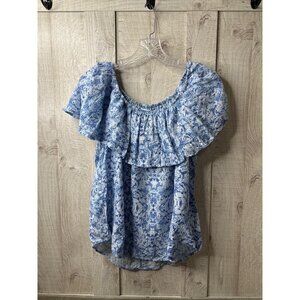 Claudia Richard Blue & White Floral Off-Shoulder Blouse Medium